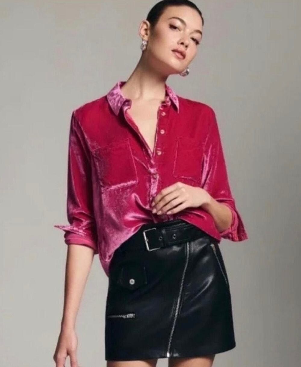 Anthropologie Pilcro The Hadley Relaxed Velvet Button-down Shirt, Berry, Large